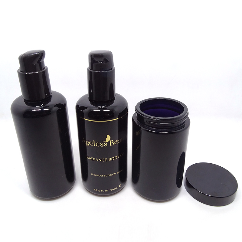 Wholesale dark violet uv black glass lotion serum pump bottles 100ml 200ml