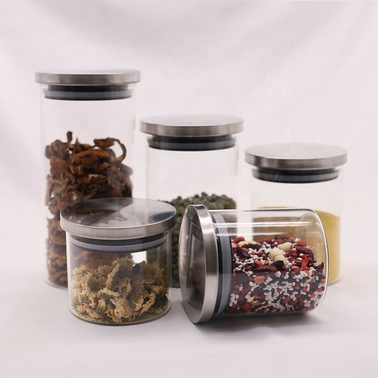 Wholesale diameter 85mm borosilicate glass jar with stainless steel lid