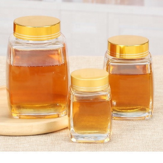 Wholesale different size square glass food jar for honey jam with metal lid
