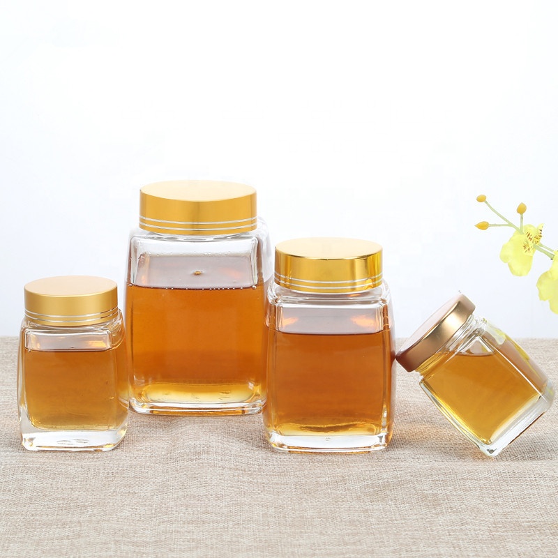 Wholesale different size square glass food jar for honey jam with metal lid