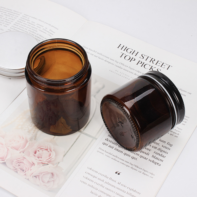 Wholesale empty 16 oz 8 oz amber glass candle jar with metal lid