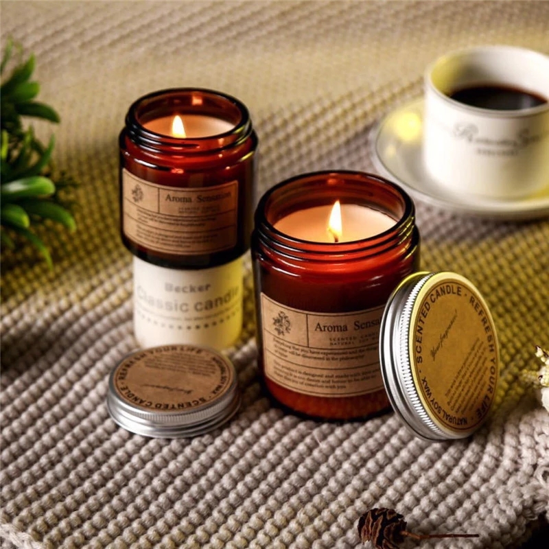 Wholesale empty 16 oz 8 oz amber glass candle jar with metal lid