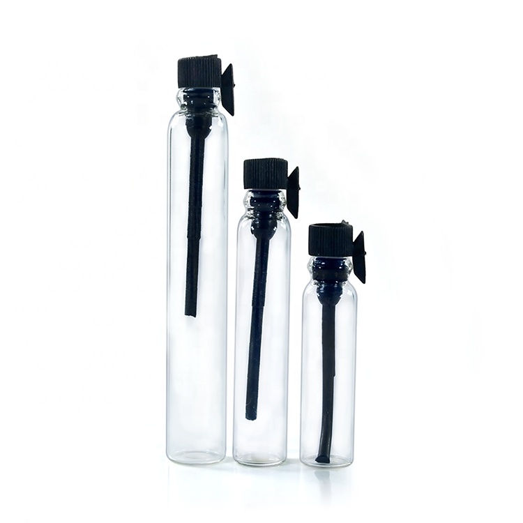Wholesale empty 1ml 2ml 3ml 5ml clear glass black cap sample perfume spray bottle