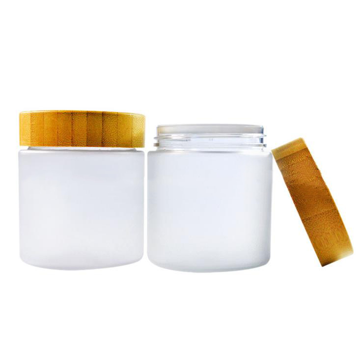 Wholesale empty 250ml Frosted clear PET plastic wide mouth cream jar with bamboo wooden lid