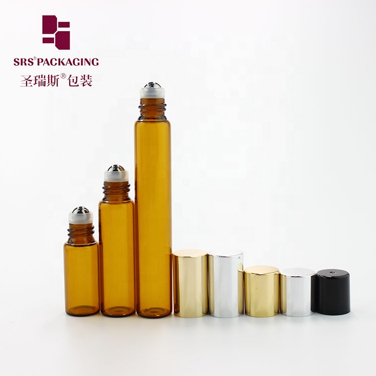 Wholesale empty 3ml 5ml 10ml amber perfume glass roll on bottle with metal roller ball