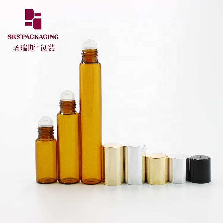 Wholesale empty 3ml 5ml 10ml amber perfume glass roll on bottle with metal roller ball