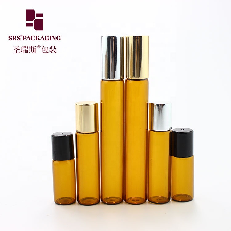 Wholesale empty 3ml 5ml 10ml amber perfume glass roll on bottle with metal roller ball