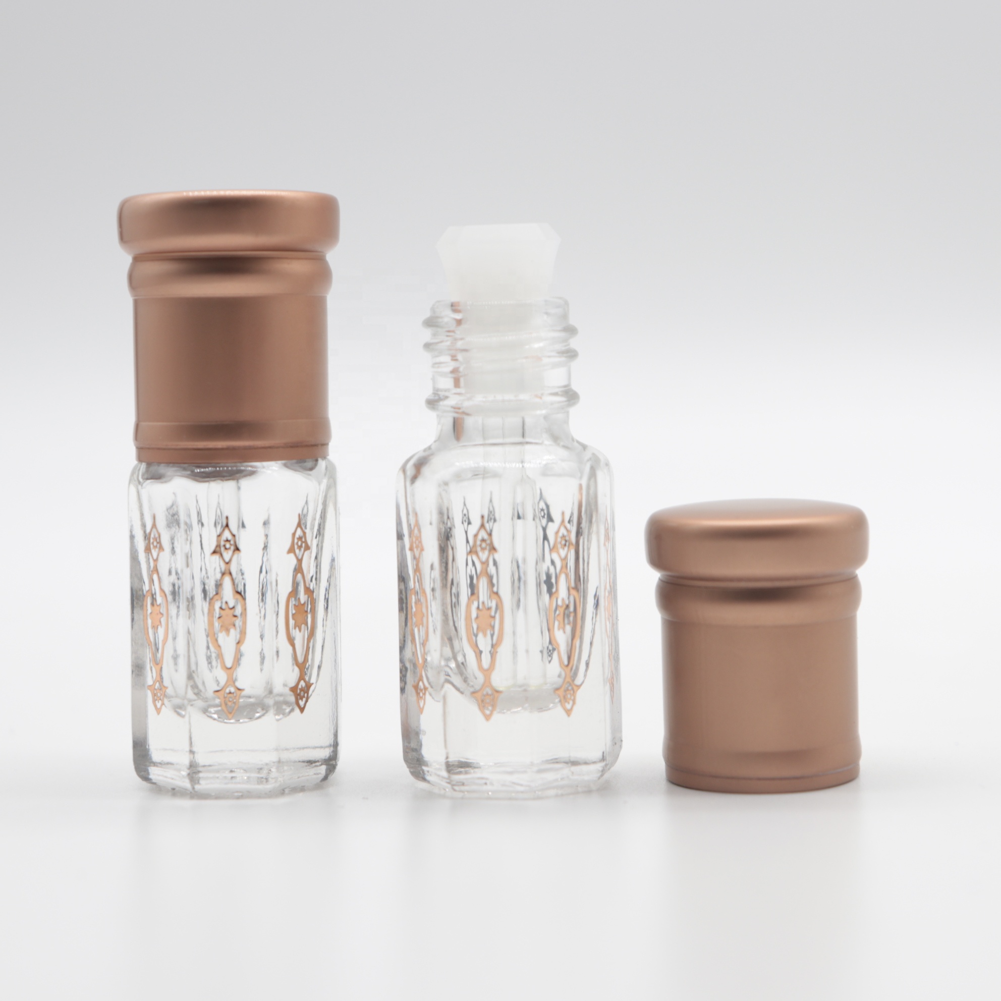 Wholesale empty 3ml copper octagon glass attar oil bottle with glass stick