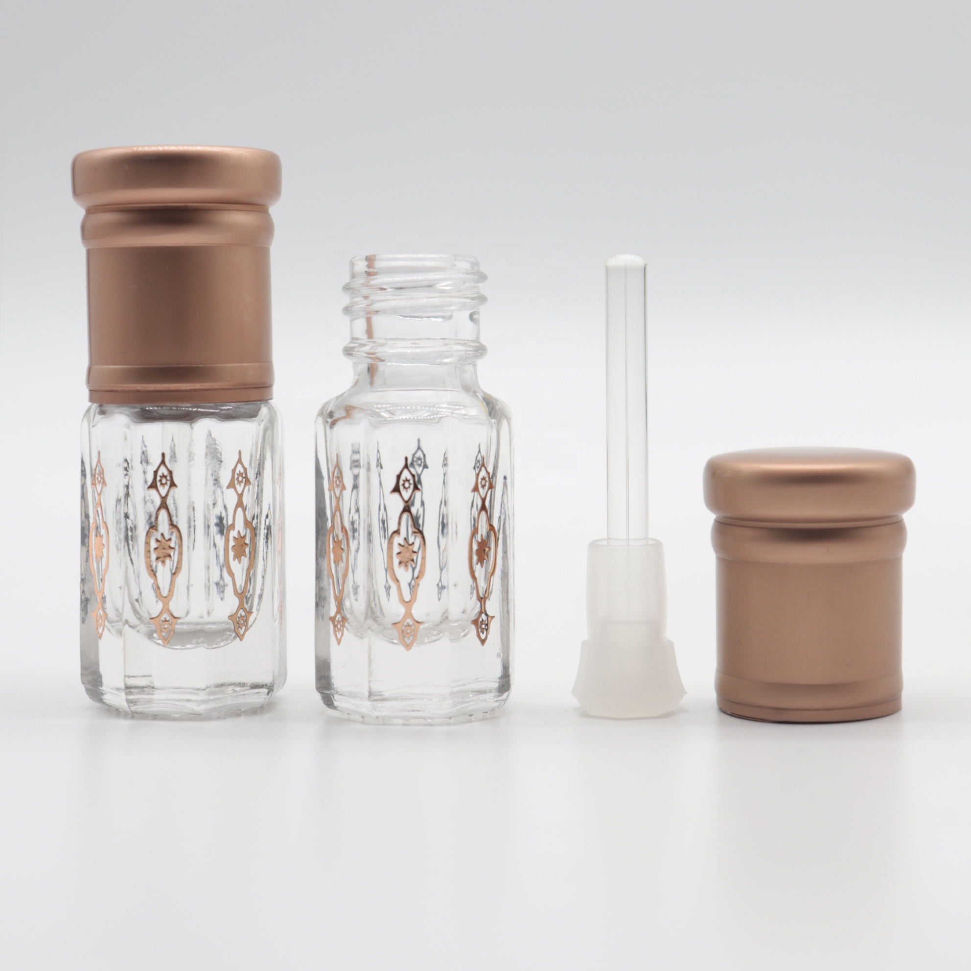 Wholesale empty 3ml copper octagon glass attar oil bottle with glass stick