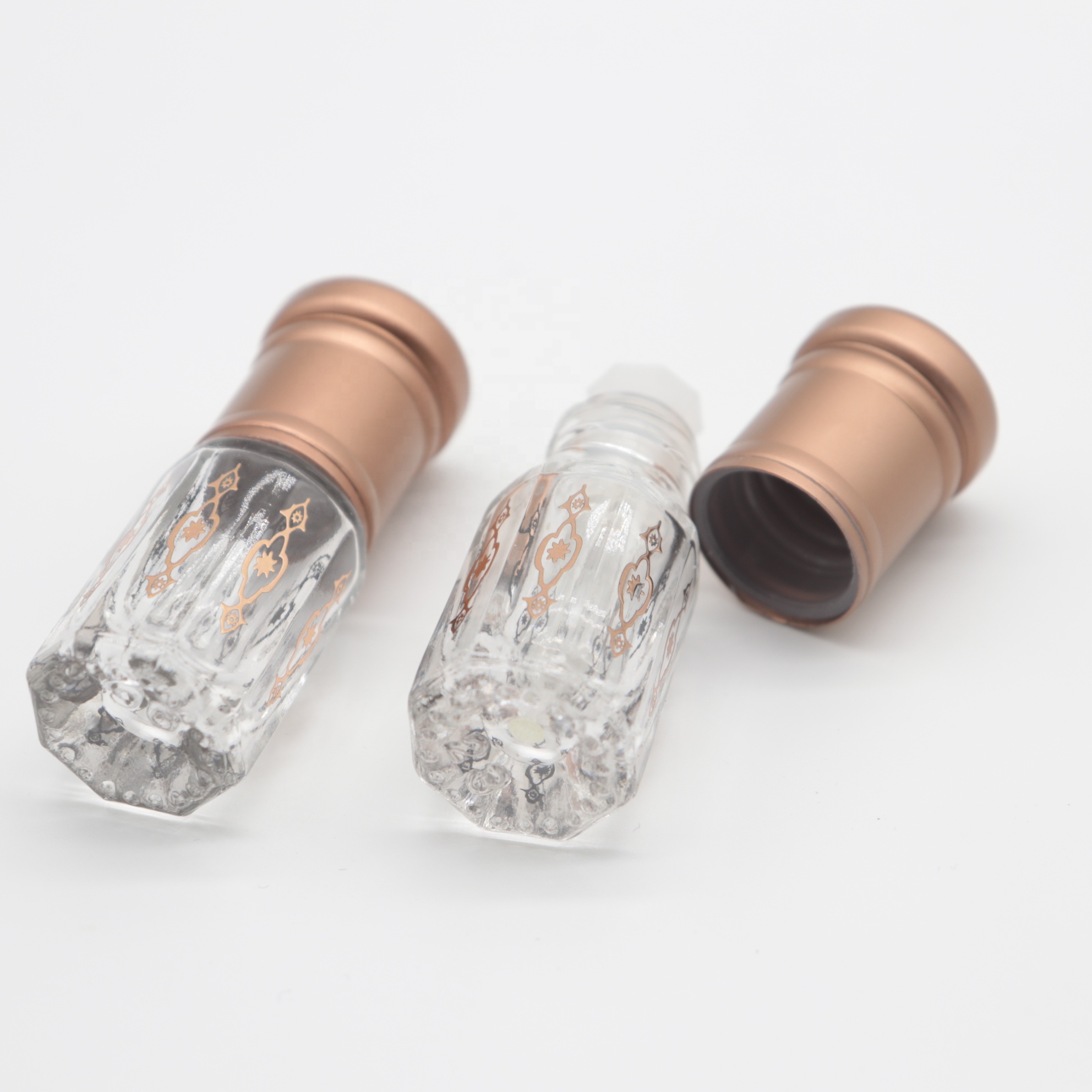 Wholesale empty 3ml copper octagon glass attar oil bottle with glass stick