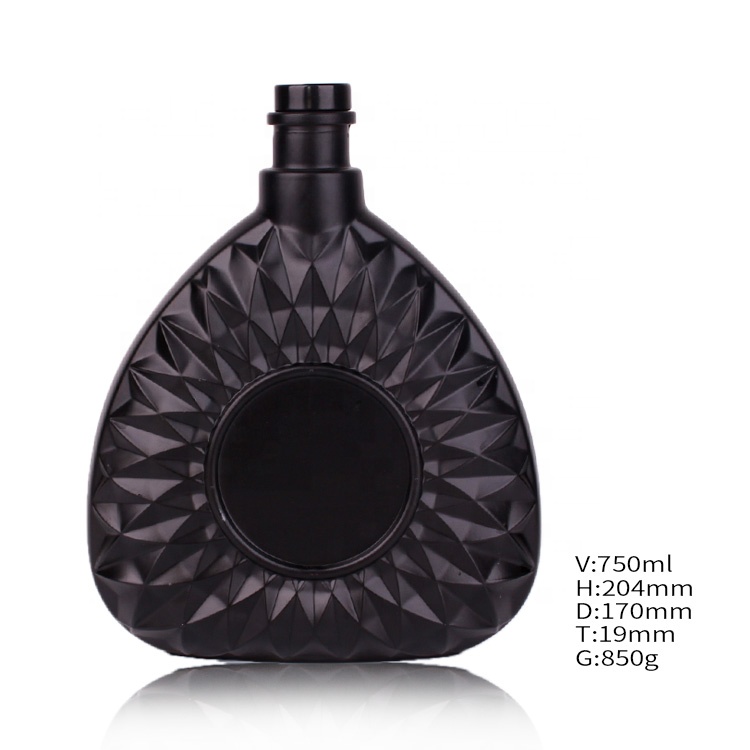 Wholesale empty 500ml matte black glass whiskey wine bottle with stopper
