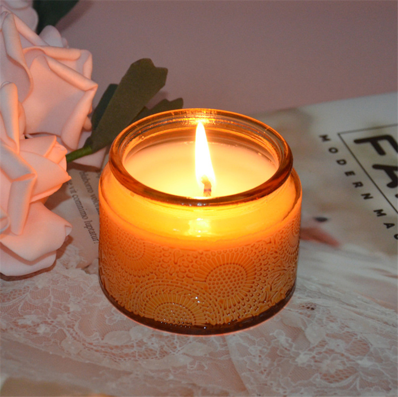 Wholesale empty candles luxury Romantic Embossed Glass candle Jar with lid