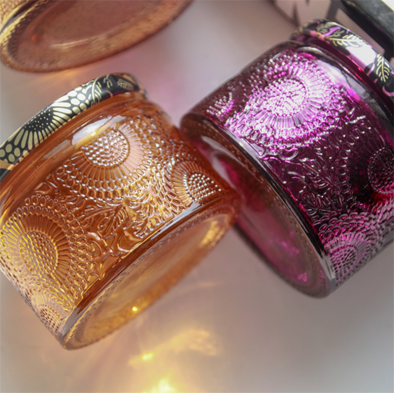 Wholesale empty candles luxury Romantic Embossed Glass candle Jar with lid