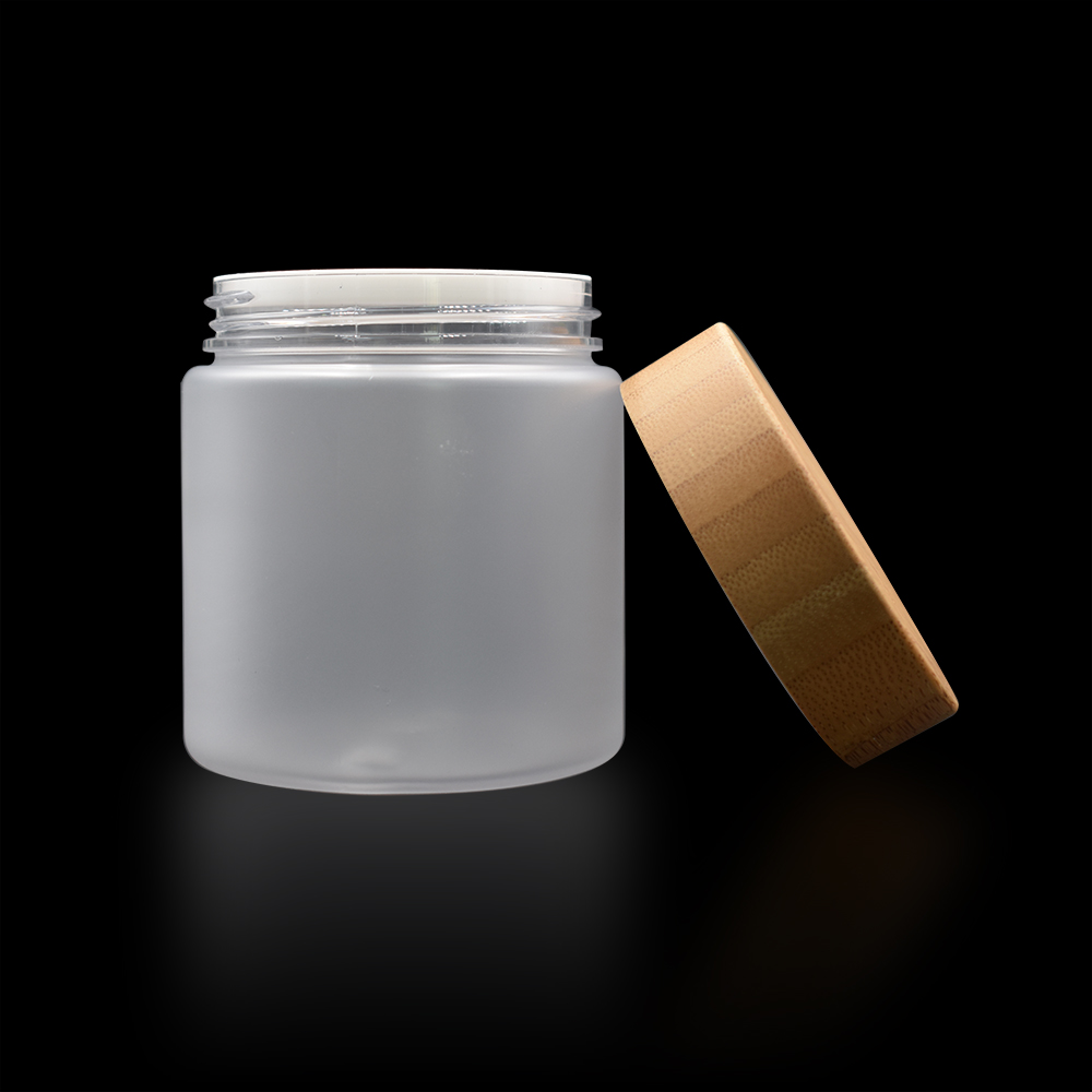 Wholesale empty cosmetic container 150g 250g amber clear frosted matte plastic jar with wooden lid