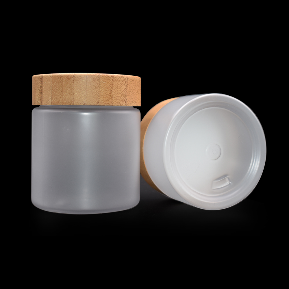 Wholesale empty cosmetic container 150g 250g amber clear frosted matte plastic jar with wooden lid