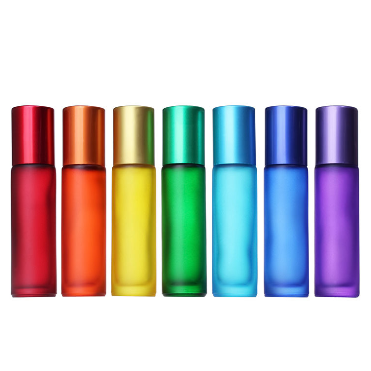 Wholesale empty essential oil roller bottle container 10ml frost clear amber blue glass roll on perfume bottle with metal ball