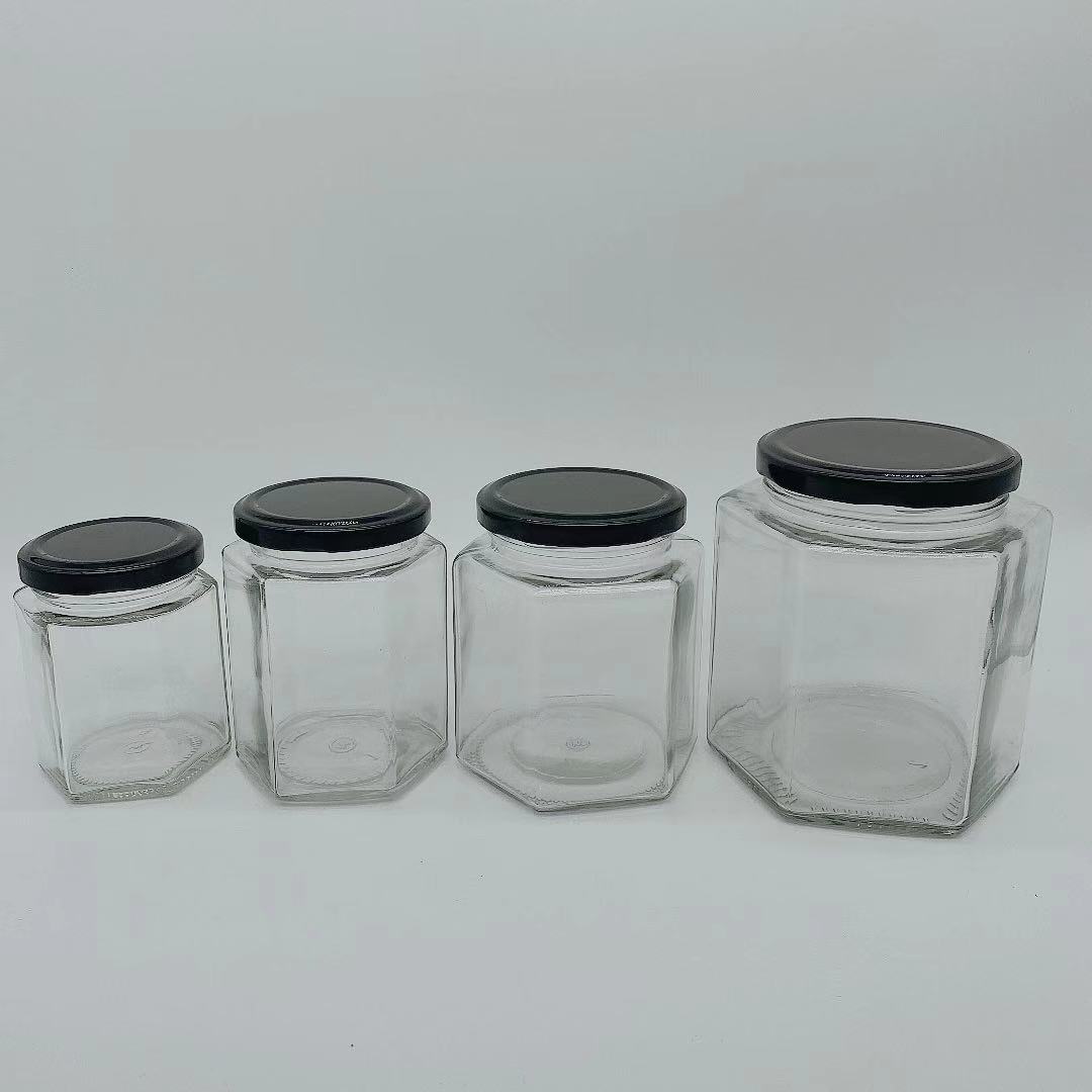 Wholesale empty hexagon natural royal honey jar container glass honey jar with dipper