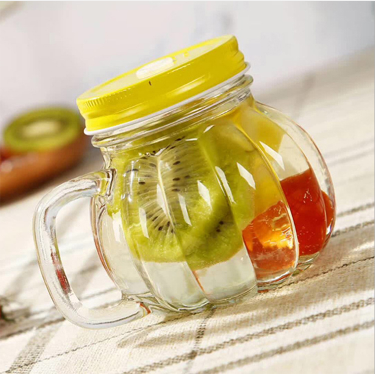 Wholesale empty pumpkin shaped 400ml glass drinking mason jar with handle