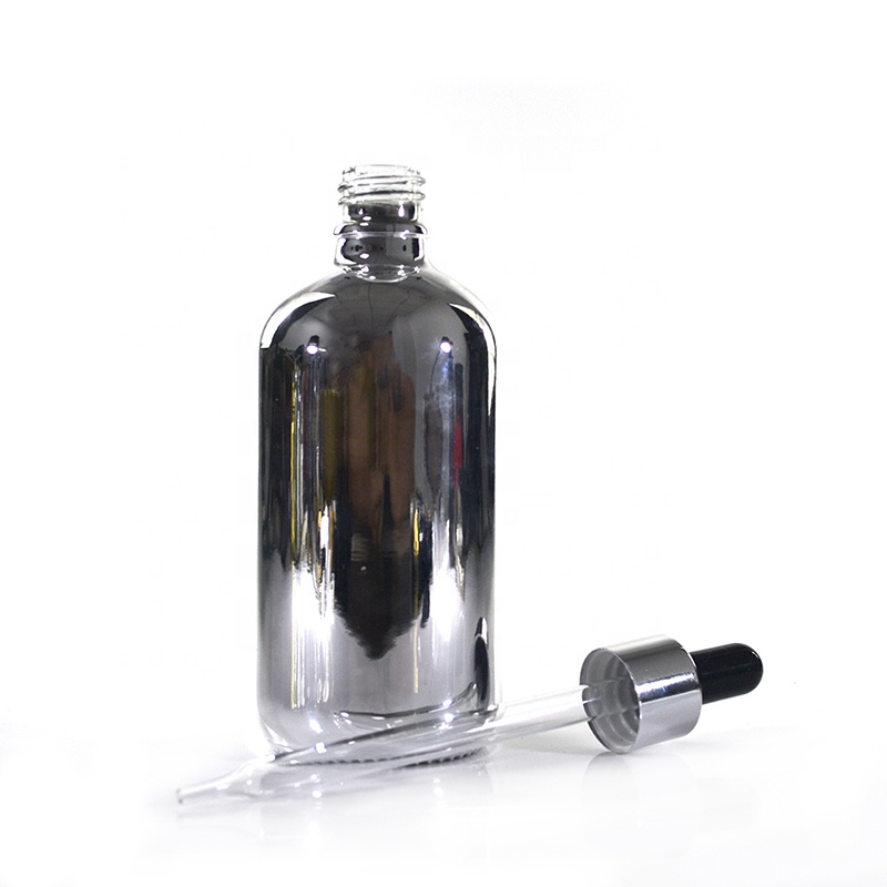 Wholesale essential massage oil 15ml/30ml/50ml/60ml/100ml silver glass dropper bottle with rubber pipette tip