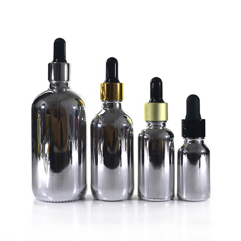 Wholesale essential massage oil 15ml/30ml/50ml/60ml/100ml silver glass dropper bottle with rubber pipette tip