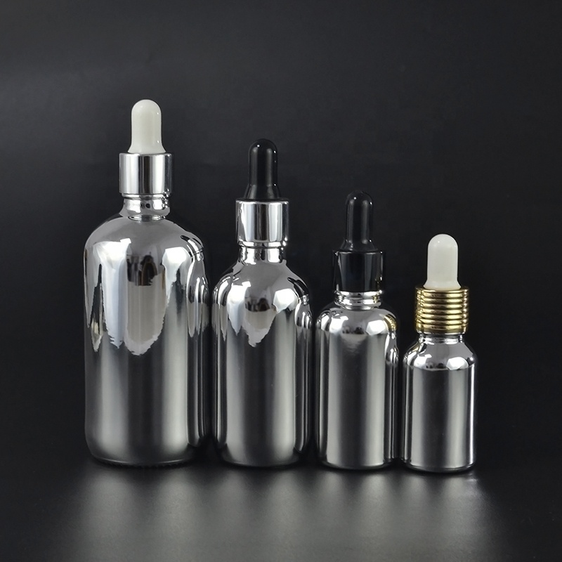 Wholesale essential massage oil 15ml/30ml/50ml/60ml/100ml silver glass dropper bottle with rubber pipette tip