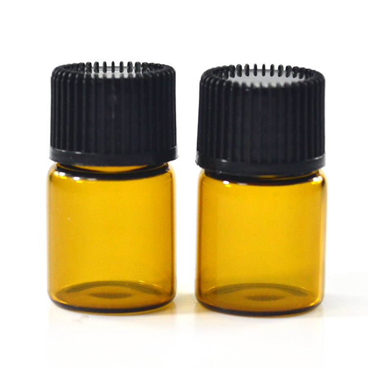 Wholesale essential oil glass bottle 1ml 2ml 3ml 5ml mini sample amber glass vial with Inner plug and screw cap