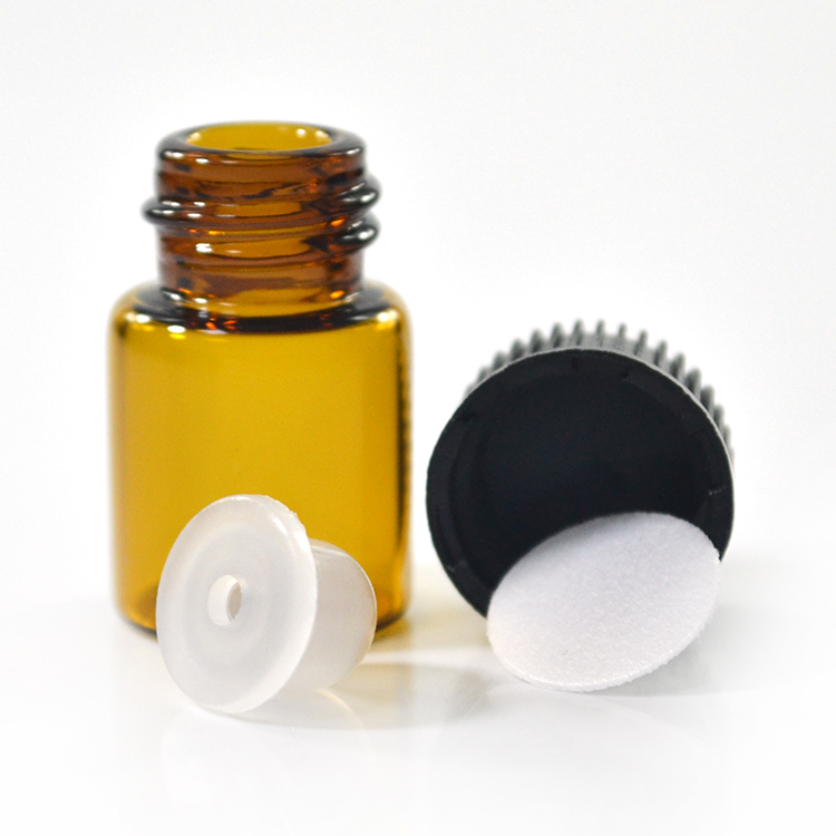 Wholesale essential oil glass bottle 1ml 2ml 3ml 5ml mini sample amber glass vial with Inner plug and screw cap