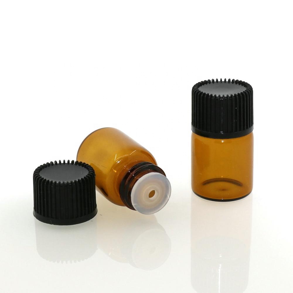 Wholesale essential oil glass bottle 1ml 2ml 3ml 5ml mini sample amber glass vial with Inner plug and screw cap