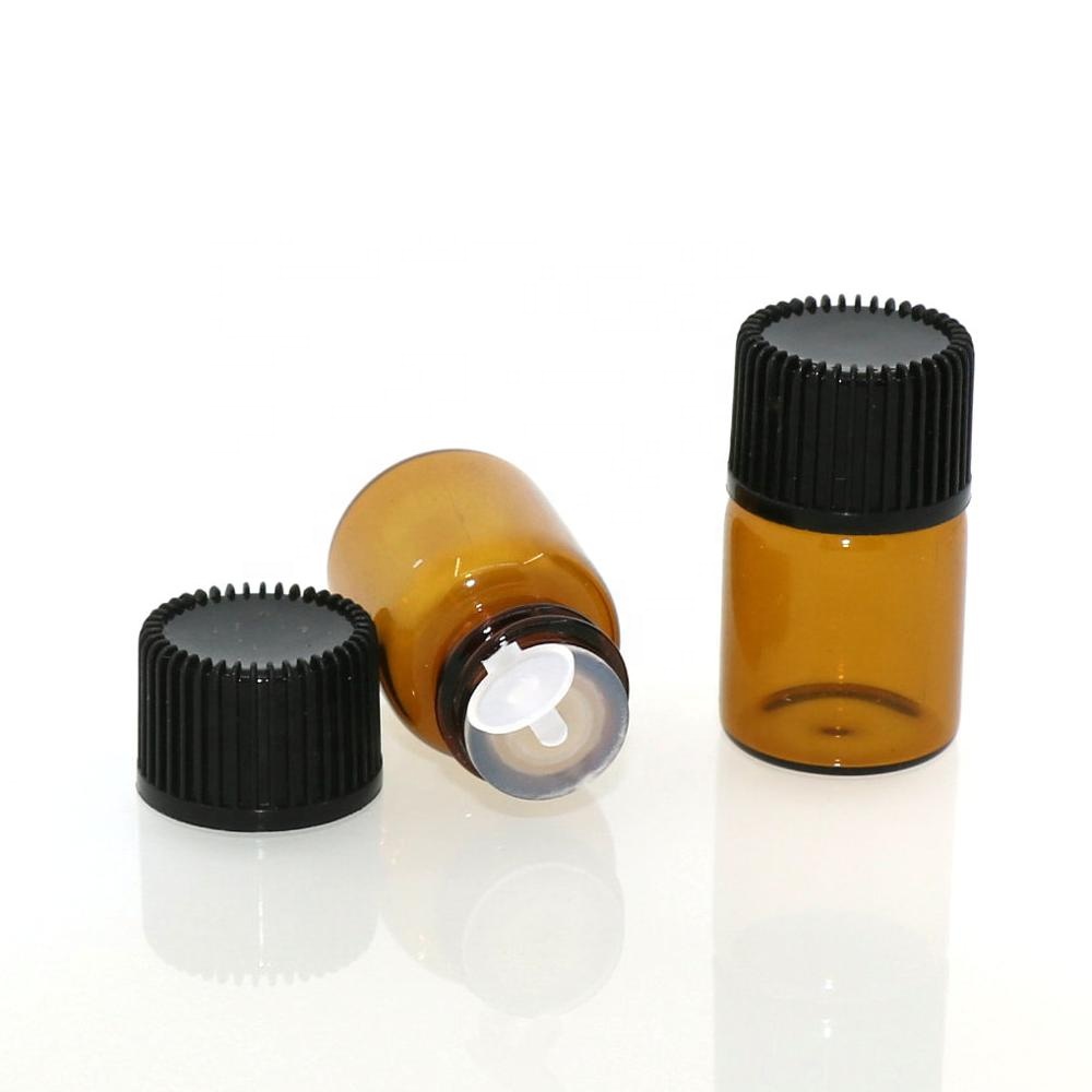 Wholesale essential oil glass bottle 1ml 2ml 3ml 5ml mini sample amber glass vial with Inner plug and screw cap
