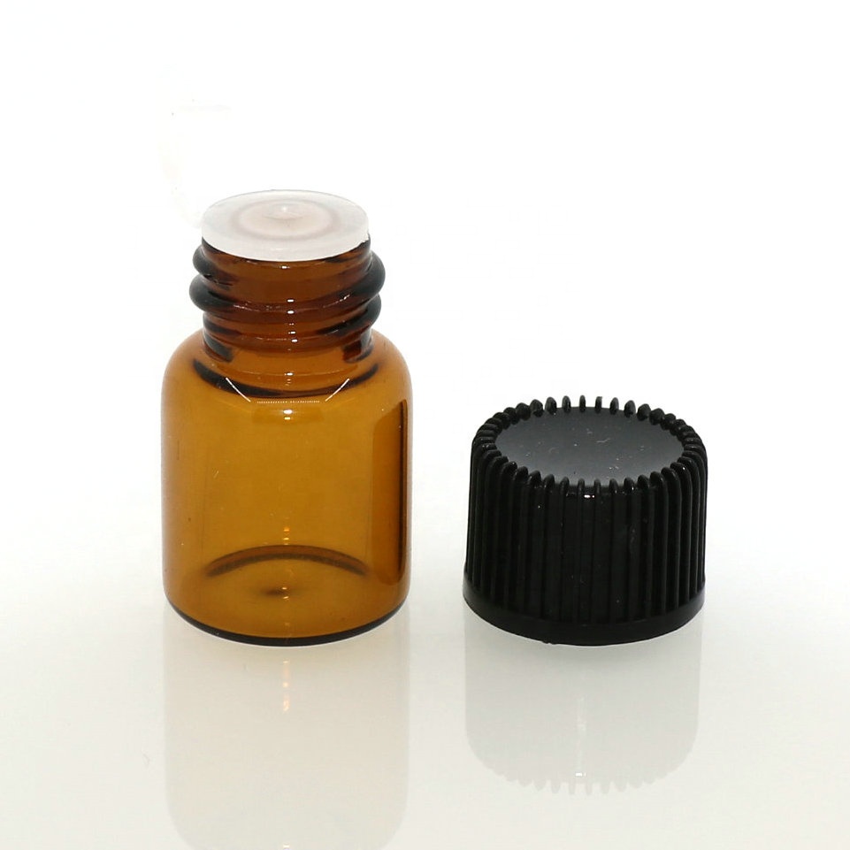 Wholesale essential oil glass bottle 1ml 2ml 3ml 5ml mini sample amber glass vial with Inner plug and screw cap