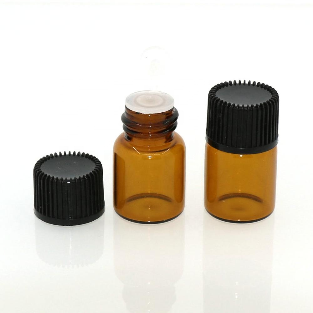 Wholesale essential oil glass bottle 1ml 2ml 3ml 5ml mini sample amber glass vial with Inner plug and screw cap