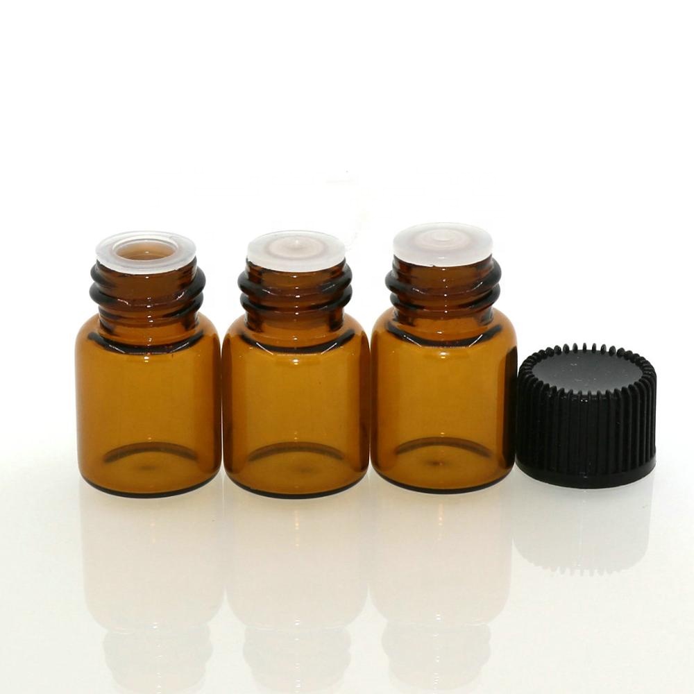Wholesale essential oil glass bottle 1ml 2ml 3ml 5ml mini sample amber glass vial with Inner plug and screw cap