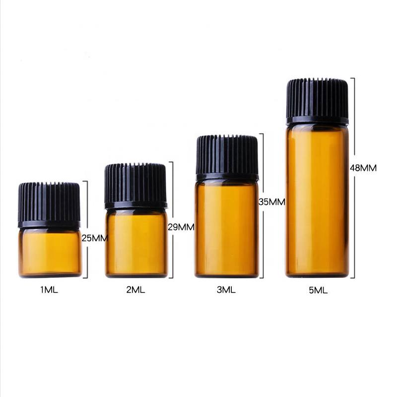 Wholesale essential oil glass bottle 1ml 2ml 3ml 5ml mini sample amber glass vial with Inner plug and screw cap