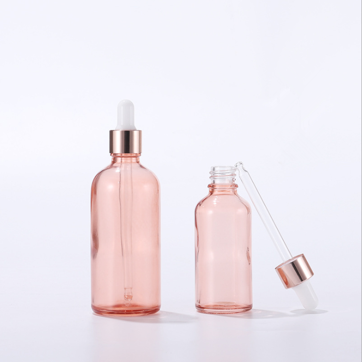 Wholesale essential oil glass bottle set 30ml 50ml 100ml Pink Rose gold Essence glass bottle with dropper