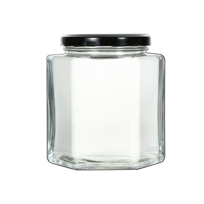 Wholesale food grade 350g hexagon honey jar glass food 250ml 8oz empty food glass storage jar with black lids