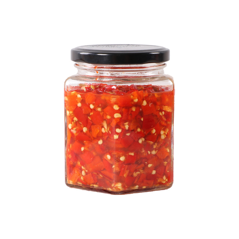 Wholesale food grade 350g hexagon honey jar glass food 250ml 8oz empty food glass storage jar with black lids