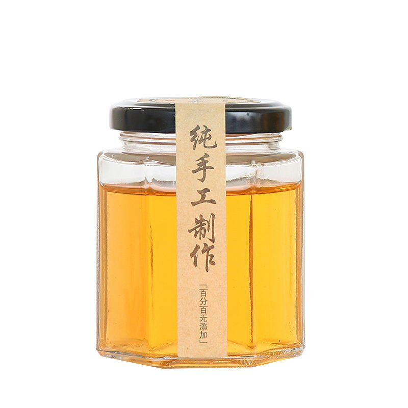 Wholesale food grade 350g hexagon honey jar glass food 250ml 8oz empty food glass storage jar with black lids