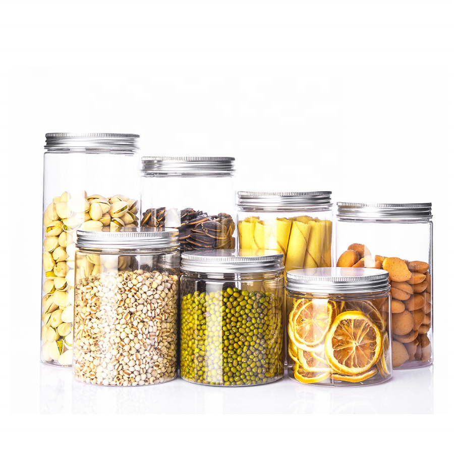 Wholesale food grade Cookies Candies Beans Packaging plastic peanut butter cookie Clear plastic jar with metal lids