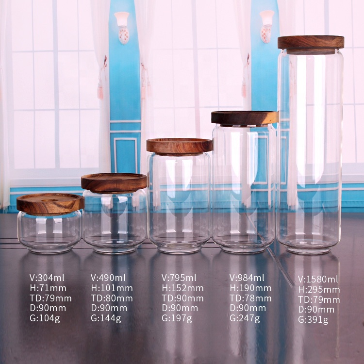 Wholesale food grade kitchen Borosilicate glass storage jar with wooden lid