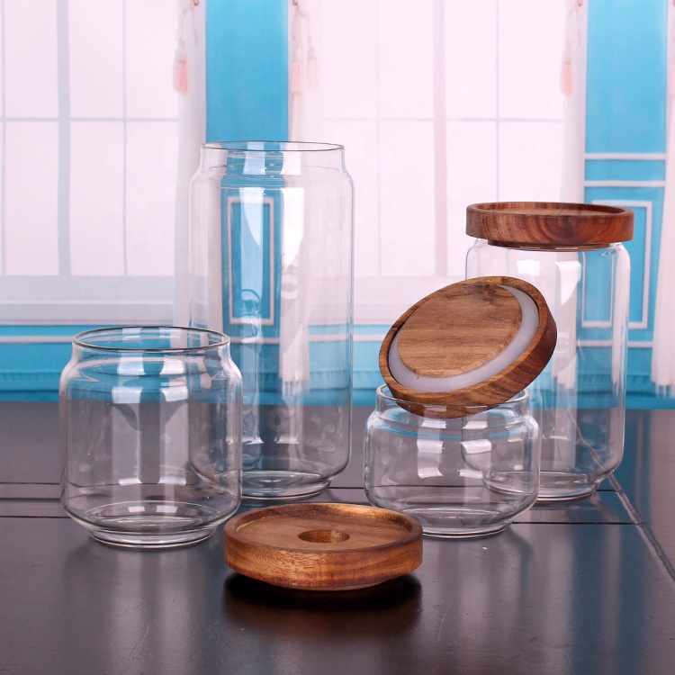 Wholesale food grade kitchen Borosilicate glass storage jar with wooden lid