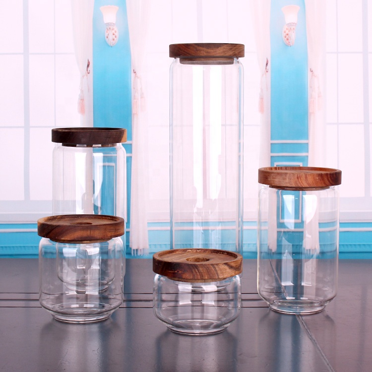 Wholesale food grade kitchen Borosilicate glass storage jar with wooden lid