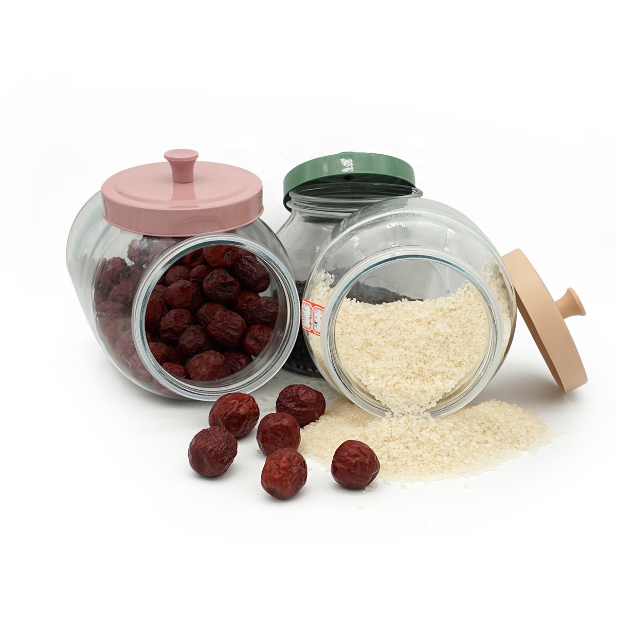 Wholesale food storage jar 56oz 140oz creative round glass jars with pink lids