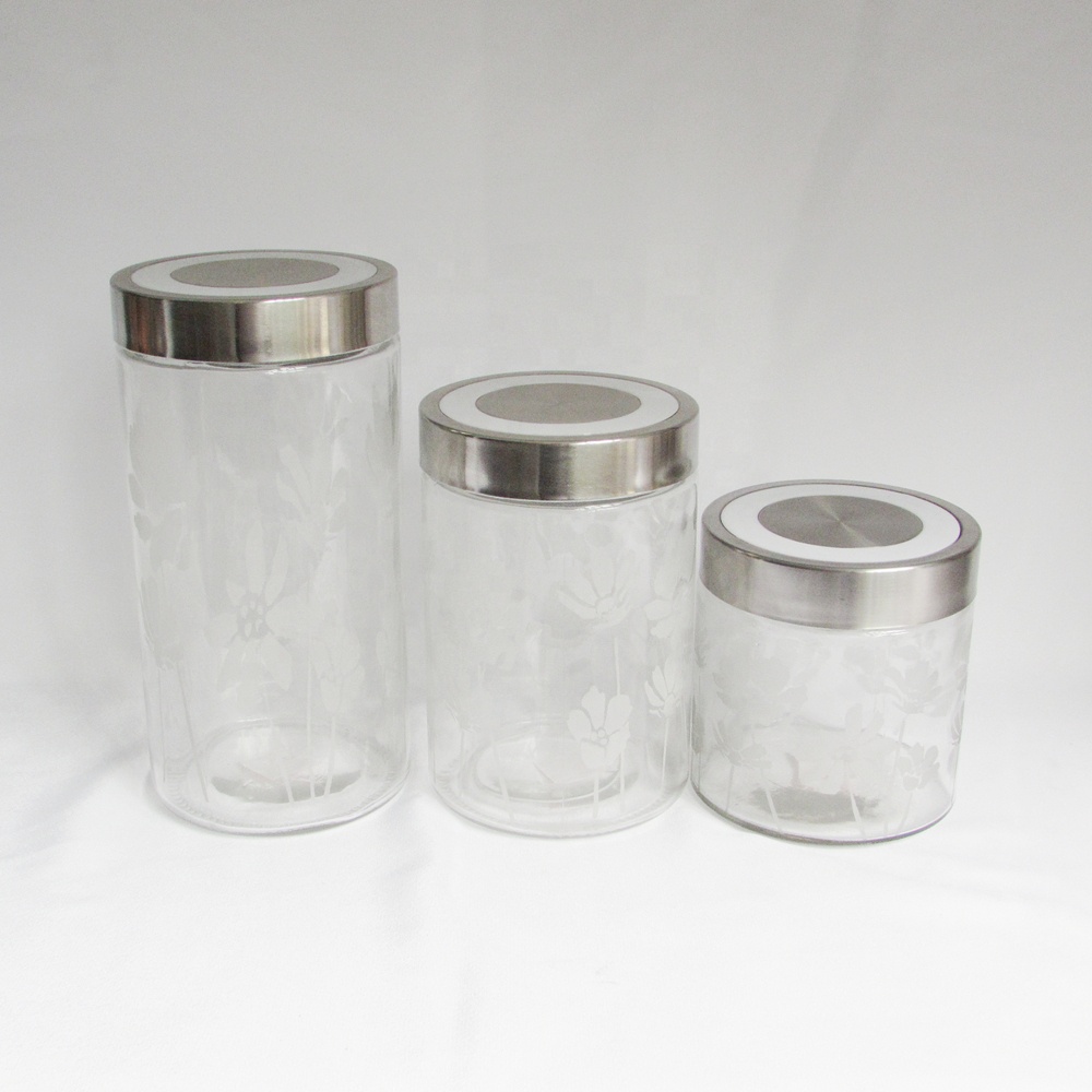 Wholesale frosted glass storage jars set with metal lids