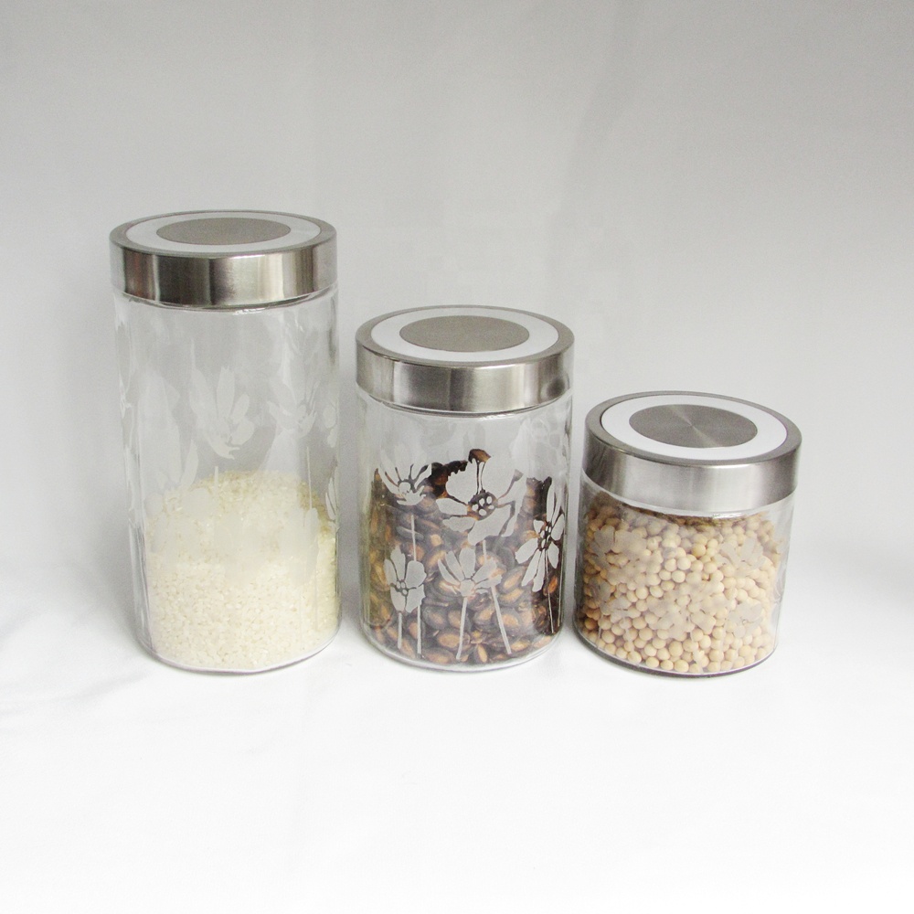 Wholesale frosted glass storage jars set with metal lids