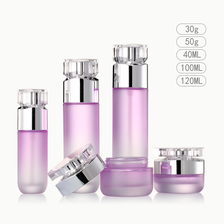 Wholesale glass cosmetic bottle purple glass cosmetic bottle and jar skin care set packaging