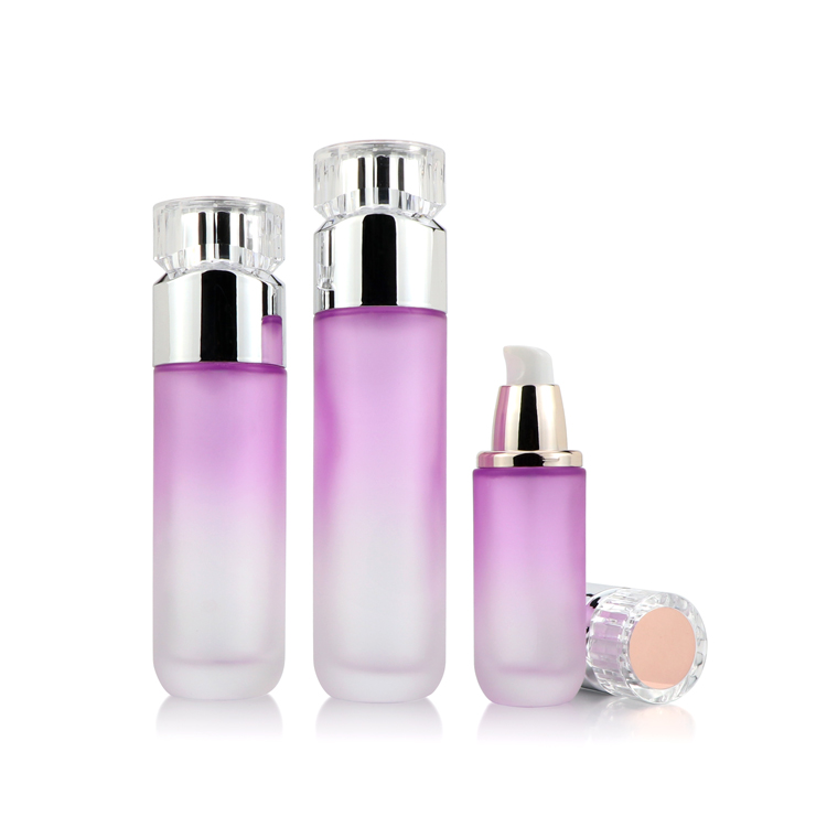 Wholesale glass cosmetic bottle purple glass cosmetic bottle and jar skin care set packaging