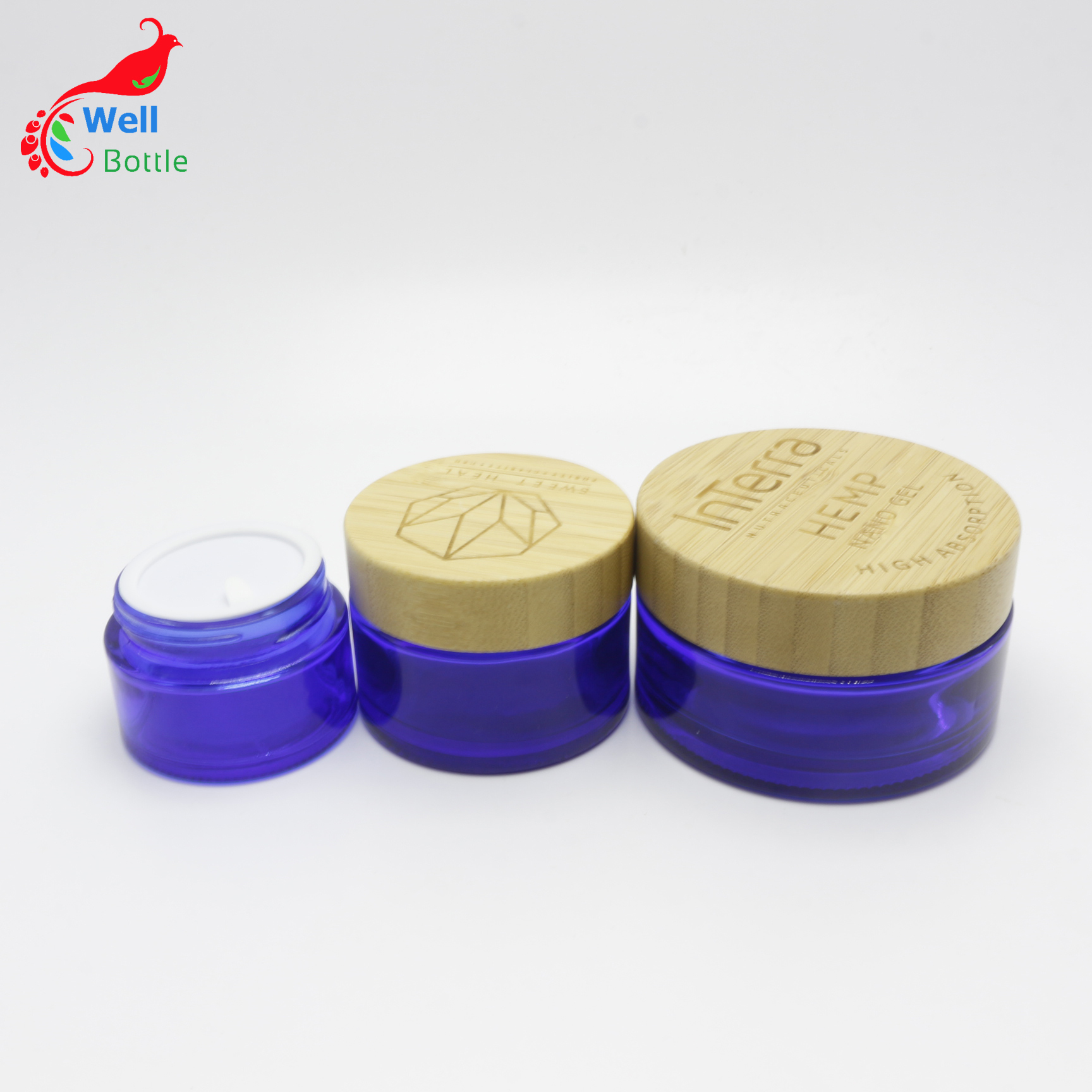 Wholesale glass cosmetic jars empty 30g blue glass cosmetic container face body bamboo cream jar J107E