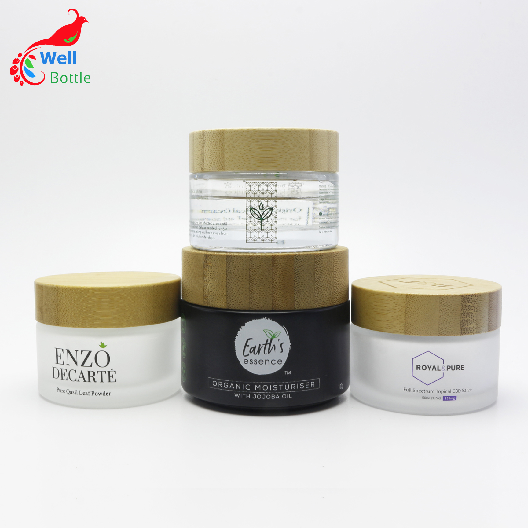 Wholesale glass cosmetic jars empty 30g blue glass cosmetic container face body bamboo cream jar J107E