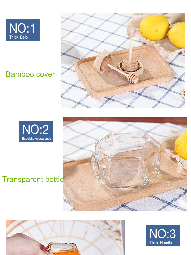 Wholesale hexagon honey jars with wood cover and dipper 100ml 220ml 380ml