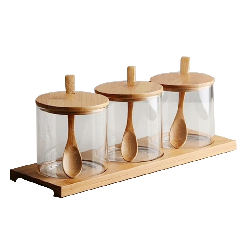 Wholesale high borosilicate glass jar for  storage spice with wooden tray